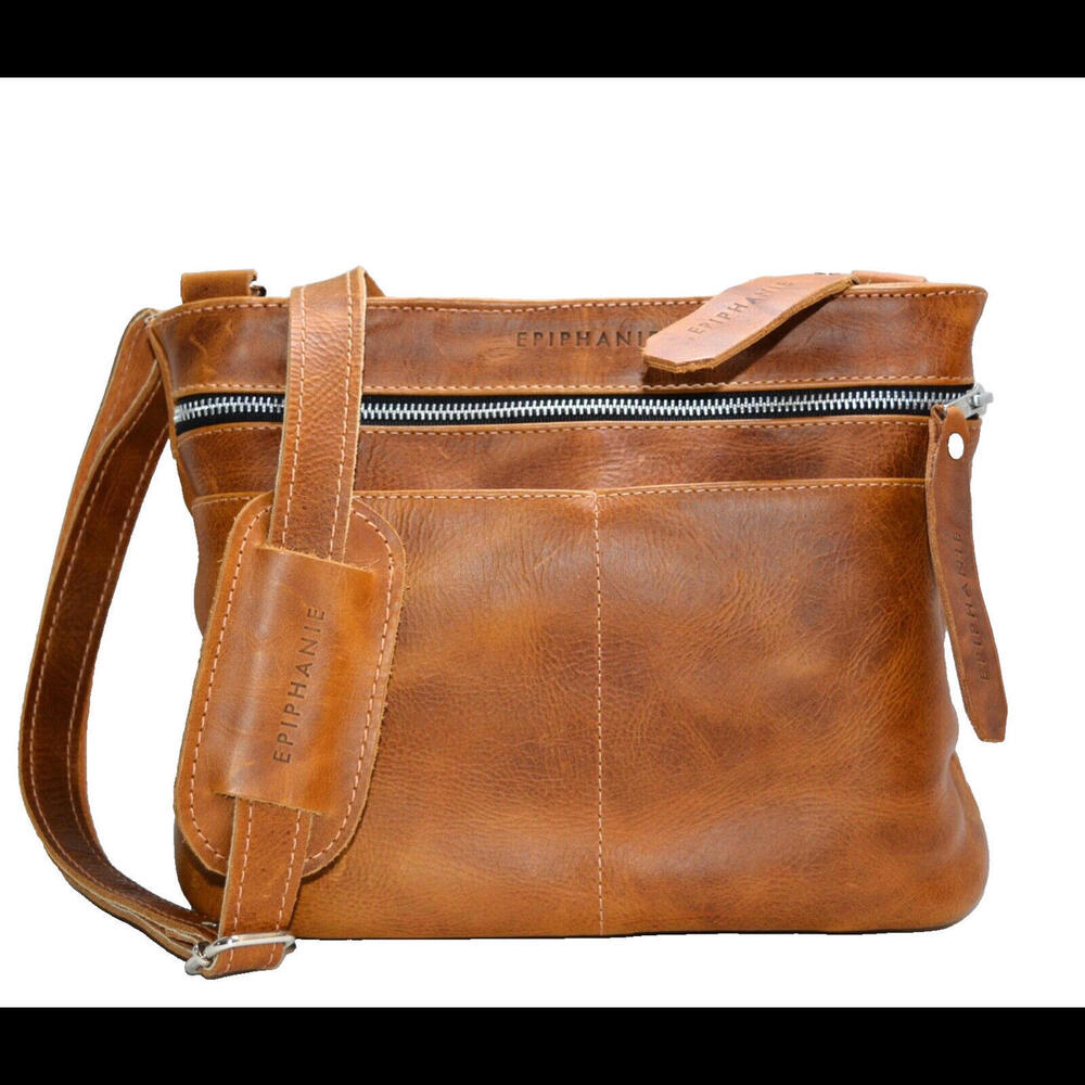Epiphanie Camera Bag Tan Thick Leather Crossbody Handbag Purse